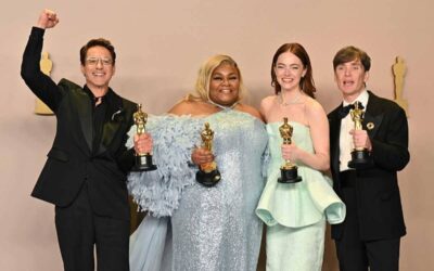 Best Actress in a Leading Role for "Poor Things" US actress Emma Stone, Best Actor in a Leading Role for "Oppenheimer" Irish actor Cillian Murphy, Best Actress in a Supporting Role for "The Holdovers" US actress Da'Vine Joy Randolph and Best Actor in a Supporting Role for "Oppenheimer" US actor Robert Downey Jr. pose in the press room during the 96th Annual Academy Awards at the Dolby Theatre in Hollywood, California on March 10, 2024. (Photo by Robyn BECK / AFP)