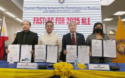 Comelec Signs P18B Deal with Miru Systems for Automated Counting Machines IT’S A DEAL Commission on Elections Chairman Erwin Garcia (second from left), Miru Systems President Jinbok Chung, Commissioner Rey Bulay and Miru’s Valerie Ann Manahan hold copies of the signed contract on Monday, March 11, 2024. Photo by Rene H. Dilan