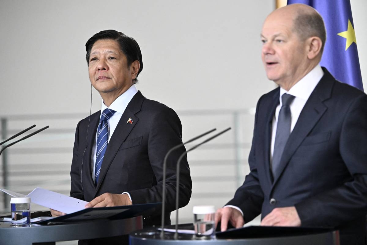 German Chancellor Olaf Scholz (R) and the President of the Philippines Ferdinand "Bongbong" Marcos address a joint press conference at the Chancellery in Berlin, on March 12, 2024. (Photo by Tobias SCHWARZ / AFP)