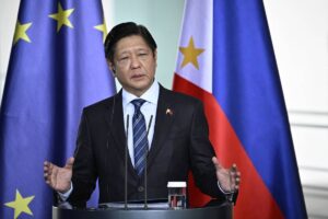The President of the Philippines Ferdinand "Bongbong" Marcos and the German Chancellor (not in picture) address a joint press conference at the Chancellery in Berlin, on March 12, 2024. (Photo by Tobias SCHWARZ / AFP)