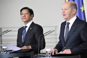 German Chancellor Olaf Scholz (R) and the President of the Philippines Ferdinand "Bongbong" Marcos address a joint press conference at the Chancellery in Berlin, on March 12, 2024. (Photo by Tobias SCHWARZ / AFP)