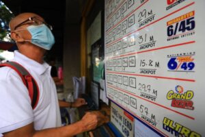 LOTTO FEVER A man looks at lotto prizes before placing his bet at a lotto outlet in Manila. PHOTO BY MIKE ALQUINTO