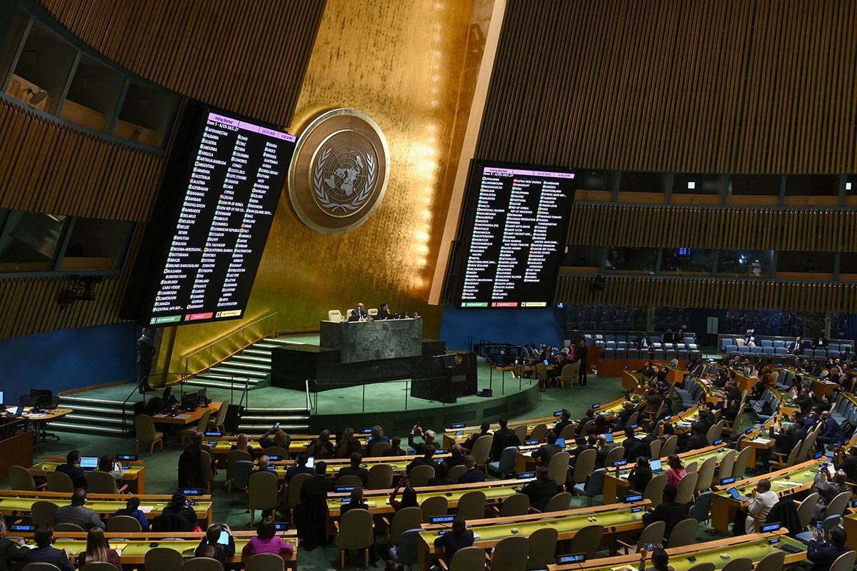 A general view shows a screen of votes during a United Nations General Assembly meeting to vote on a non-binding resolution demanding "an immediate humanitarian ceasefire" in Gaza at UN headquarters in New York on December 12, 2023.
ANGELA WEISS / AFP