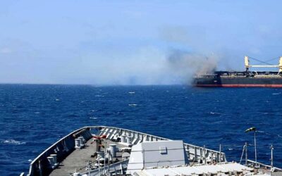 This handout photograph taken on March 6, 2024 and released by the Indian Navy shows the Barbados-flagged bulk carrier following a attack by Yemen's Huthi rebels, in Gulf of Aden. A missile fired by Yemen's Huthi rebels hit a bulk carrier in the Gulf of Aden on March 6, with the crew reporting three people killed and at least four wounded, the US military said. INDIAN NAVY / AFP