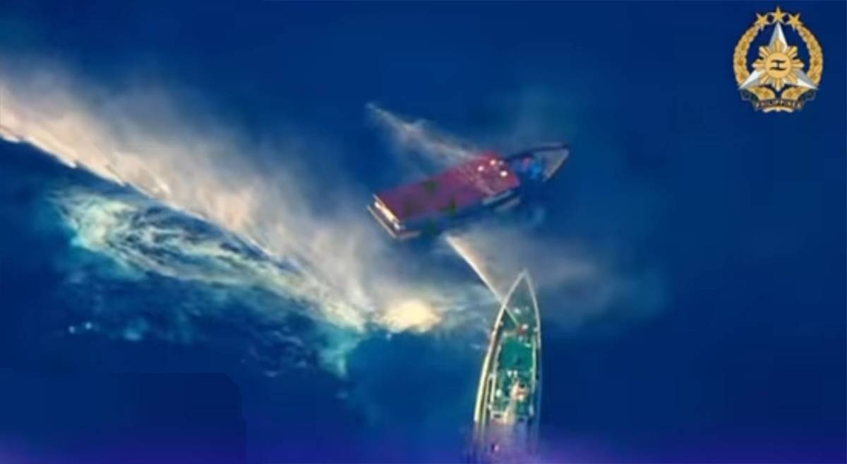 MIGHT OVER RIGHT The Unaizah May 4, a Philippine supply boat, sustains heavy damage when two Chinese Coast Guard vessels fired water cannons near Ayungin Shoal at 8:38 a.m. on Saturday, March 23, 2024, the Philippine Coast Guard (PCG) said. VIDEO COURTESY OF PCG