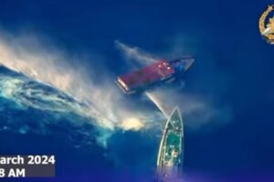 MIGHT OVER RIGHT The Unaizah May 4, a Philippine supply boat, sustains heavy damage when two Chinese Coast Guard vessels fired water cannons near Ayungin Shoal at 8:38 a.m. on Saturday, March 23, 2024, the Philippine Coast Guard (PCG) said. VIDEO COURTESY OF PCG