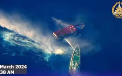 MIGHT OVER RIGHT The Unaizah May 4, a Philippine supply boat, sustains heavy damage when two Chinese Coast Guard vessels fired water cannons near Ayungin Shoal at 8:38 a.m. on Saturday, March 23, 2024, the Philippine Coast Guard (PCG) said. VIDEO COURTESY OF PCG