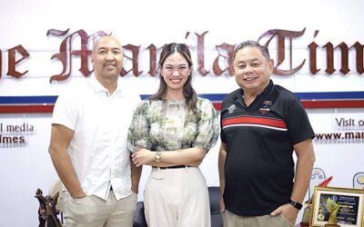 ‘Prime Times’ host Lia Badillo-Crisostomo (center) with Jeffrey Cariaso (left), head coach of Blackwater Bossing, and Dioceldo Sy, owner of PBA team Blackwater Bossing and Ever Bilena. PHOTO BY MICHELLE KAYE VILLANUEVA