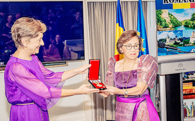 ‘COMMENDABLE’ WORK Former Foreign Affairs secretary Delia Albert (right) is conferred the National Order of Merit with the rank of commander by the Romanian government on March 19, 2024 for her ‘commendable’ work in enriching Philippine-Romania ties. Romanian President Klaus Werner Iohannis bestowed the honor through his ambassador to the Philippines, Răduta Dana Matache. PHOTO COURTESY OF MAICA TEVES