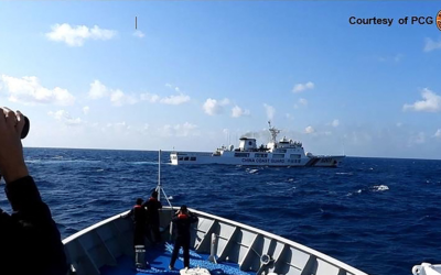 Strengthening the Philippine Coast Guard’s Fleet to Counter West Philippine Sea Threats In this handout frame grab video footage on March 21, 2024 and received from Philippine Coast Guard (PCG) on March 22, shows a Chinese Coast Guard ship (top) maneouvering past a Philippine Coast Guard ship near Sandy Cay reef, near the Philippine-held Thitu Island in Spratly Islands, in the disputed South China Sea. The Philippine Coast Guard on March 22 accused a Chinese vessel of "dangerous manoeuvres" as it attempted to block Filipino scientists from reaching a reef in the South China Sea.
Handout / Philippine Coast Guard (PCG) / AFP