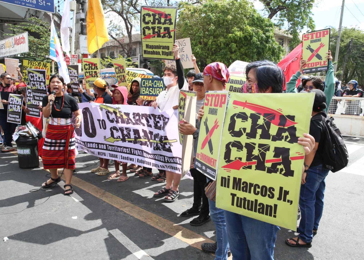 Multisectoral groups hold separate protest actions against Charter change on Friday, Feb. 23, 2024. Indigenous Peoples (IP) and Bangsamoro organizations rally in Mendiola against the proposed amendments that allegedly threaten their ancestral lands and territories. A group of teachers, professor, and staff announced in a press conference in Quezon City that they formed the Teachers and Educators Against Cha-cha (Teach) to raise awareness about the perils of amending the 1987 Constitution.
PHOTO BY RENE H. DILAN AND ISMAEL DE JUAN