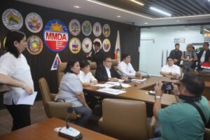MMDA acting chairman Don Artes, together with Aristotle Ramos, District Engineer, Metro Manila First District Engineering, and Loida Busa District Engineer, Quezon City First District Engineering, hold a press briefing on Monday, April 1,2024, in Pasig City to clarify that the road repairs causing heavy traffic along EDSA are not projects of their agencies. They blamed two contractors of a telecommunication company for around 24 unfinished road repairs along EDSA. PHOTOS BY JOHN ORVEN VERDOTE
