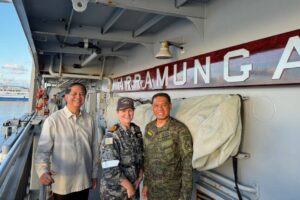 STRONG MILITARY TIES Defense Undersecretary for Strategic Assessment and Planning Ignacio Madriaga (left), AFP chief Gen. Romeo Brawner Jr. (right) and HMAS Warramunga commanding officer, Commander Jennifer Graham (center) pose for a picture during their shipboard tour in Puerto Princesa, Palawan on Tuesday (April 2, 2024). The AFP on Wednesday (April 3) said the visit of the Australian frigate highlights the robust military cooperation between Manila and Canberra. (Photo courtesy of the Armed Forces of the Philippines)
