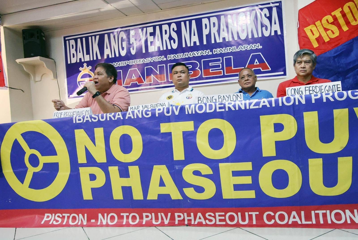 Drivers and operators of two jeepney organizations announce a transport strike on Monday, April 15, 2024. In a press conference at the University of the Philippines Diliman in Quezon City on Thursday, April 11, the Pagkakaisa ng mga Samahan ng Tsuper at Opereytor Nationwide (PISTON) and Samahang Manibela Mananakay at Nagkaisang Terminal ng Transportasyon (Manibela) said the strike was in response to President Ferdinand Marcos Jr.’s pronouncement that there will be no extension on the franchise consolidation deadline on April 30. PHOTOS BY ISMAEL DE JUAN