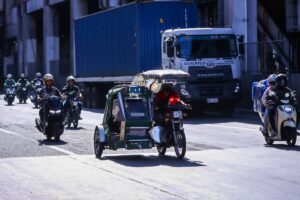 Tricycles, e-trikes and e-bikes ply EDSA near Pasay Rotonda on Monday, April 15, 2024. The Metropolitan Manila Development Authority moved the implementation of the ban on e-bikes to April 17 because of the two-day jeepney strike that started Monday. PHOTOS BY J. GERARD SEGUIA