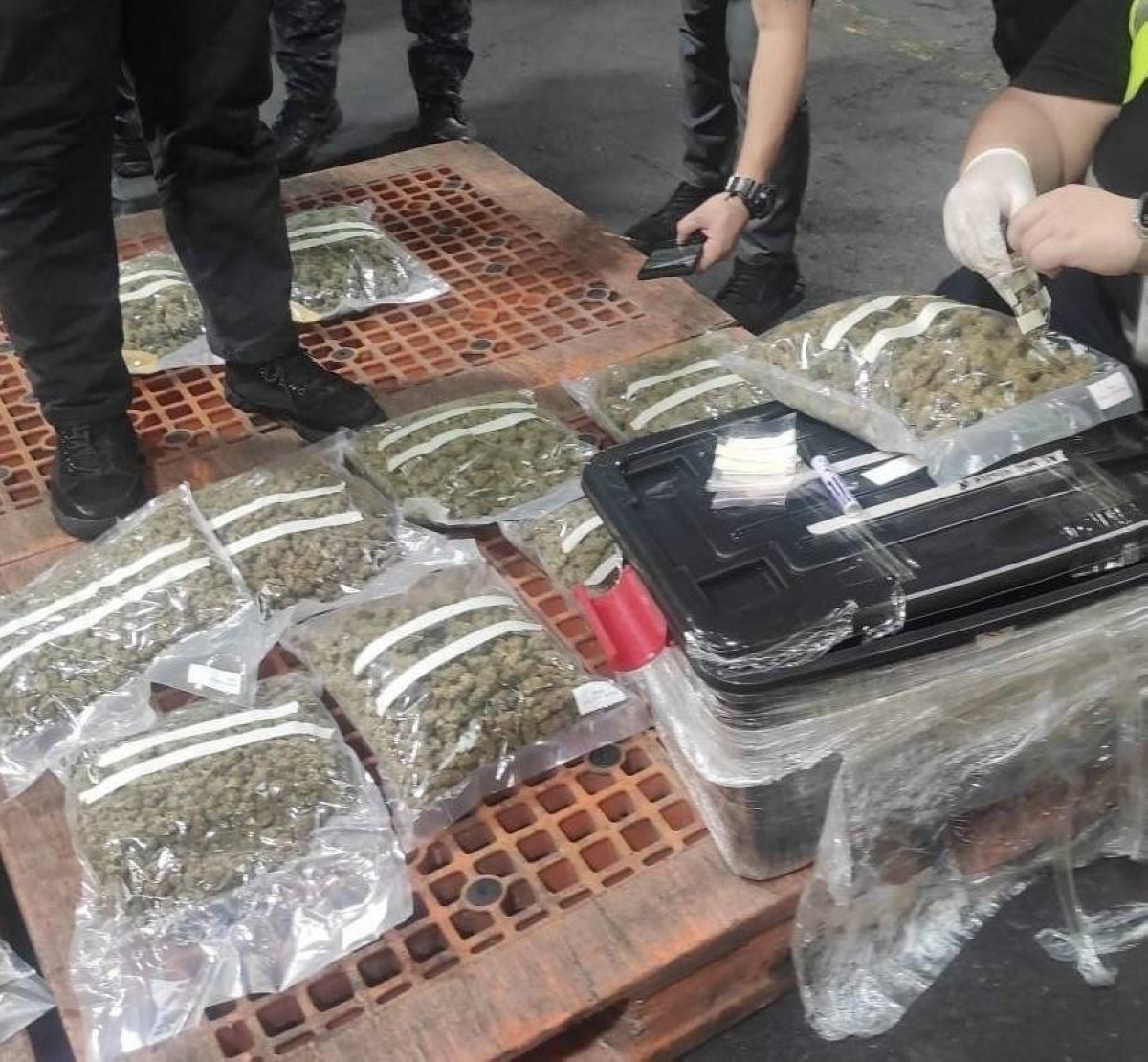NOT HIDDEN ENOUGH Airport officials inspect the contraband. Contributed photo