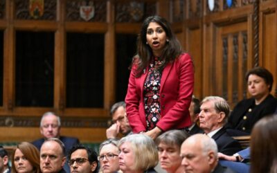 A handout photograph released by the UK Parliament shows Britain's Conservative MP Suella Braverman speaking during a statement of Britain's Prime Minister Rishi Sunak on Iran's missile attack on Israel, in the House of Commons, in London, on April 15, 2024. PHOTO BY JESSICA TAYLOR / UK PARLIAMENT / AFP