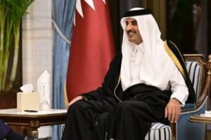 Prime Minister Alexander De Croo and Qatar Emir Tamim Bin Hamad Al-Thani pictured during a mission of the Belgian Prime Minister, Saturday 16 March 2024 in Doha, Qatar. The Prime Minister is on a 3-day visit to Jordan, Qatar and Egypt.  
BELGA PHOTO DIRK WAEM (Photo by DIRK WAEM / BELGA MAG / Belga via AFP)