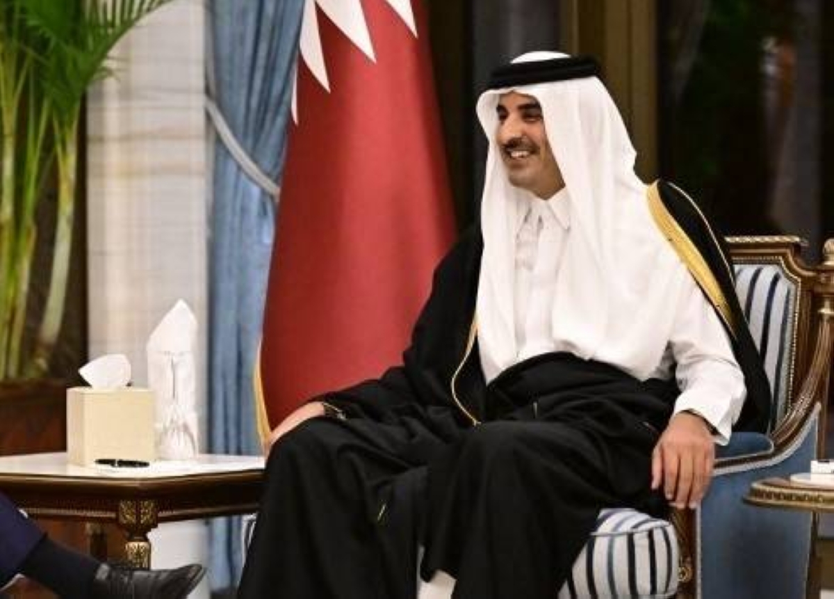 Prime Minister Alexander De Croo and Qatar Emir Tamim Bin Hamad Al-Thani pictured during a mission of the Belgian Prime Minister, Saturday 16 March 2024 in Doha, Qatar. The Prime Minister is on a 3-day visit to Jordan, Qatar and Egypt.  
BELGA PHOTO DIRK WAEM (Photo by DIRK WAEM / BELGA MAG / Belga via AFP)