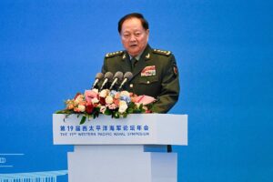 Vice chairman of the CPC Central Military Commission and vice chairman of the Central Military Commission of the People's Republic of China Zhang Youxia gives a speech during the opening ceremony of the 19th Western Pacific Naval Symposium in Qingdao, China's Shandong province on April 22, 2024. WANG Zhao / AFP