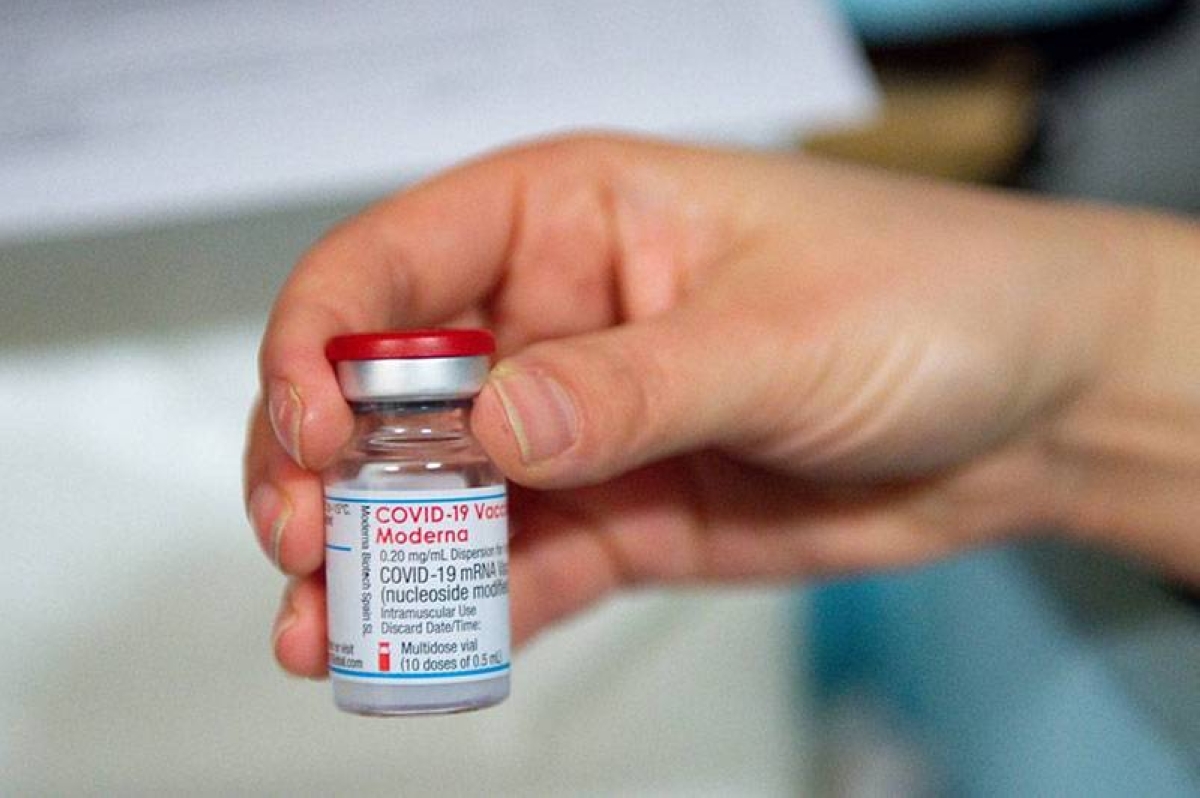 This file photo shows a vial of Moderna Covid-19 vaccine. AFP PHOTO