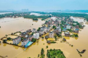DELUGE This aerial photograph taken on Monday, April 22, 2024, shows flooded buildings and streets after heavy rains in Qingyuan, in southern China’s Guangdong province. More than 100,000 people have been evacuated due to heavy rain and fatal floods in southern China. AFP PHOTO
