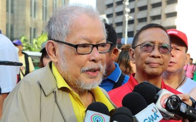 Remembering the Legacy of Former Senator and Human Rights Advocate Rene Saguisag Former senator Rene Saguisag, with former vice president Jejomar Binay, talks to media before offering flowers at the monument of Ninoy Aquino in Makati City on Feb. 25, 2020.