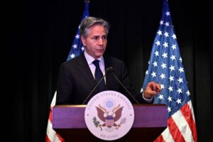 US Secretary of State Antony Blinken speaks during a press conference at the US embassy in Beijing on April 26, 2024.
WANG Zhao / AFP