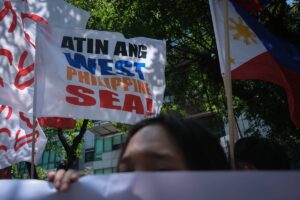 The Alyansa Bantay Kapayapaan at Demokrasya rallies in front of the Chinese consulate in Makati City on Friday, April 19 2024, calling on China to respect the arbitral ruling on the West Philippine Sea and to stop harassing Philippine ships sailing within the country's exclusive economic zone (EEZ). The group also expressed outrage against the so-called 'gentlemen's agreement' between then president Rodrigo Duterte and Chinese President Xing Jinping on keeping the status quo in the West Philippine Sea. PHOTO BY J. GERARD SEGUIA