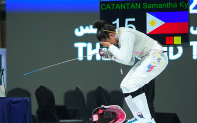 Samantha Catantan gets emotional after securing a spot in the 2024 Paris Olympics during the Asian & Oceania Olympic Qualification Tournament on Saturday night, April 27, 2024, at the Zayed Sports Complex in Fujairah, UAE. INTERNATIONAL FENCING FEDERATION PHOTO