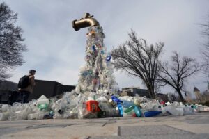 A sculpture titled "Giant Plastic Tap" by Canadian artist Benjamin Von Wong is displayed outside the fourth session of the UN Intergovernmental Negotiating Committee on Plastic Pollution in Ottawa, Canada, on April 23, 2024.
Dave Chan / AFP