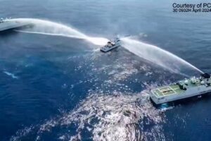 WATER BLITZ This frame grab from a handout video footage taken and released on Tuesday, April 30, 2024, by the Philippine Coast Guard shows the BRP Bagacay being hit by water cannon from Chinese coast guard vessels near the Scarborough Shoal. AFP PHOTO