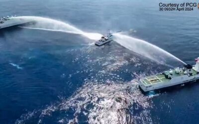 WATER BLITZ This frame grab from a handout video footage taken and released on Tuesday, April 30, 2024, by the Philippine Coast Guard shows the BRP Bagacay being hit by water cannon from Chinese coast guard vessels near the Scarborough Shoal. AFP PHOTO