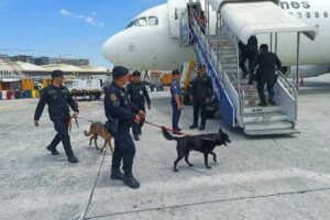 BOMB CHECK PNP Aviation Security on heightened alert after airport authorities receive a call asking if there was a bomb inside the Japan-bound Philippine Airlines flight PR412 on Wednesday, May 1, 2024. Passengers' luggage had to undergo rigid inspection PHOTOS COURTESY OF PNP AVIATION