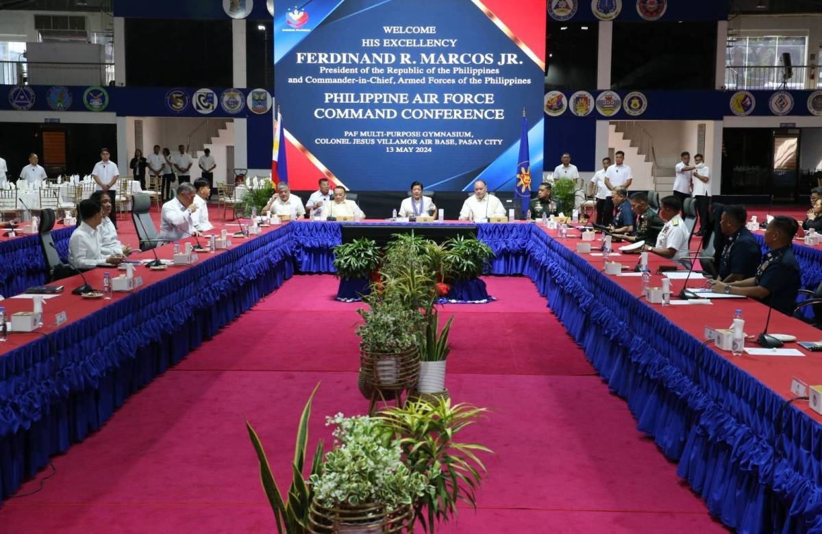 Command conference President Ferdinand Marcos Jr. leads the Philippine Airforce Command Conference in Villamor Airbase, Pasay City on Monday, May 13, 2024. He is joined by Executive Secretary Lucas Bersamin, Special Assistant to the President Anton Lagdameo, Defense Secretary Gilberto Teodoro, AFP chief Romeo Brawner Jr., PAF chief Stephen Parreño, PCG Commandant Ronnie Gil Galvan, and Army Commanding General Roy Galido, among others. PHOTOS BY RENE DILAN