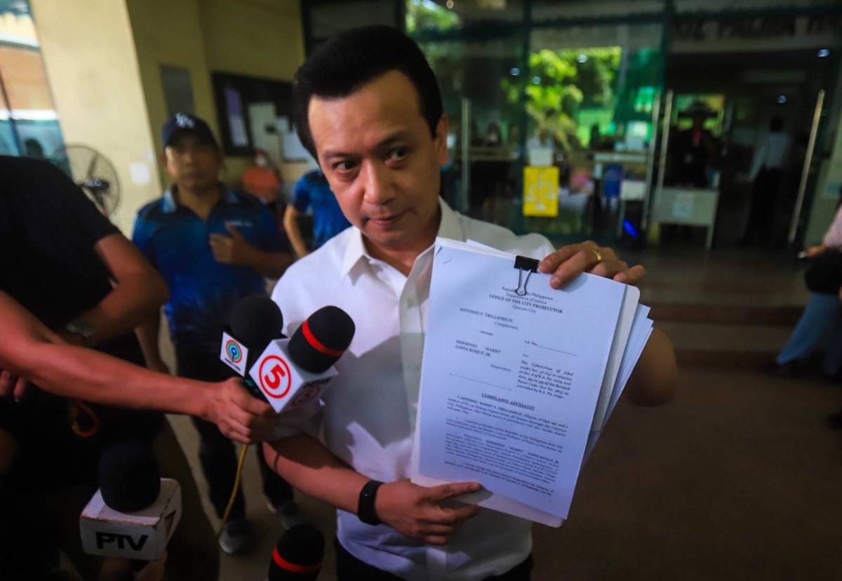 Former senator Antonio Trillanes appears before the prosecutors office in Quezon City where he files a case against presidential spokesperson Harry Roque on May 14 2024. The former senator included in his complaint other pro duterte Social media accounts. The complaint stemmed from alleged back channel talks with China and the former senator in 2012. PHOTOS BY JOHN ORVEN VERDOTE