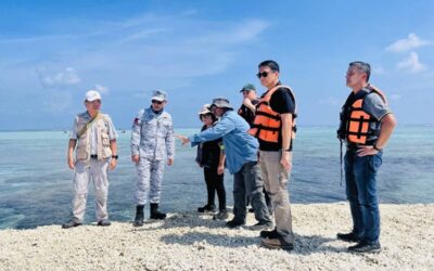 Scientists Advocate for Sustainable Management in West Philippine Sea PAG-ASA ISLAND INSPECTION Previous reports had it that dead and crushed corals were dumped on Sandy Cay 2 in Pag-asa Group of Island, prompting the Department of Environment and Natural Resources to visit and verify the reports. Environment Secretary Maria Antonia Yulo-Loyzaga (partly covered) personally led the visit to inspect the island. Photo from DENR
